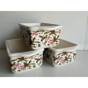 Set of 3 Christmas Mini Loaf Pans Holly Ceramic Oven Safe Baking Dish Gift New